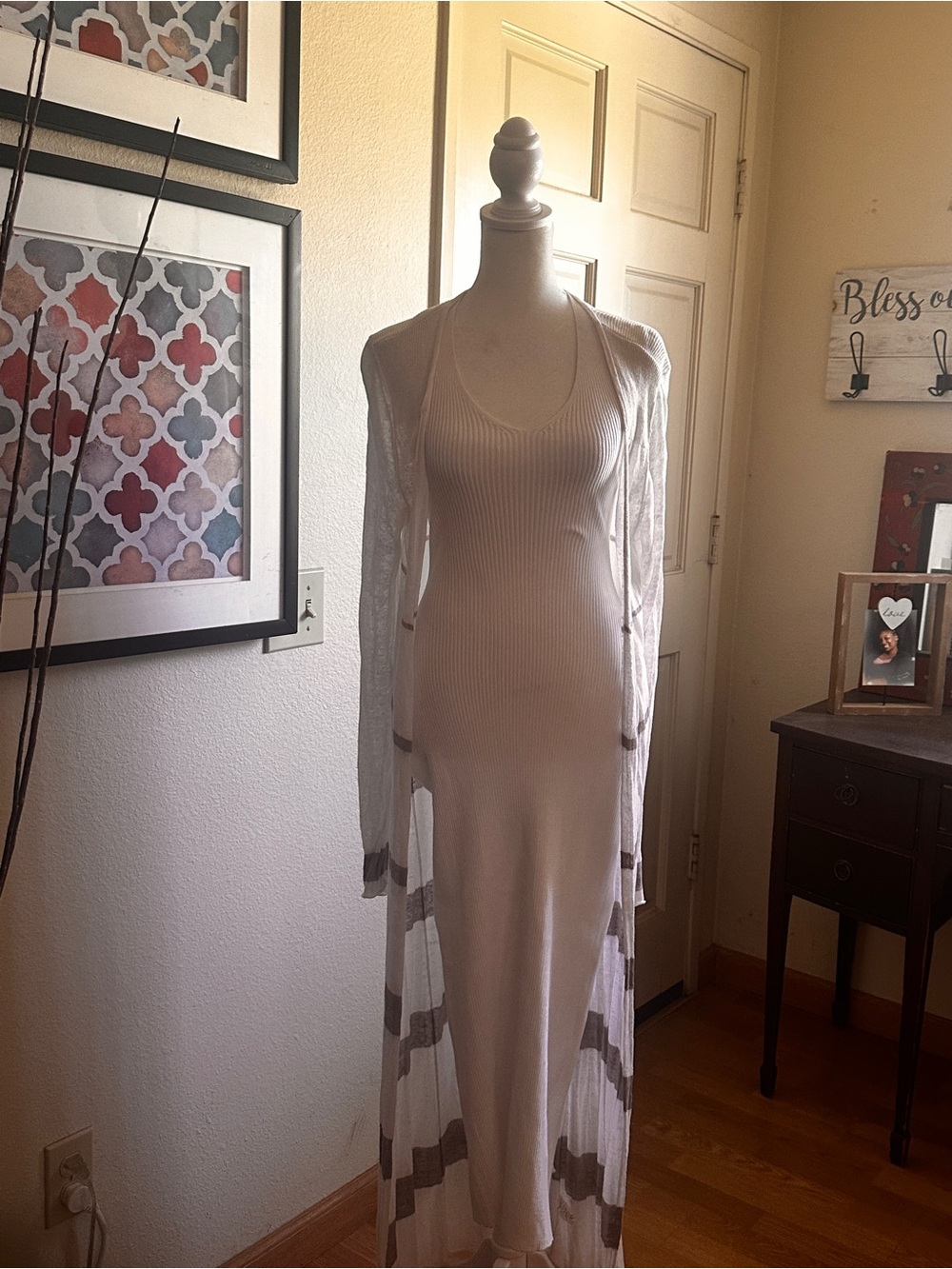 Sleeveless Ribbed Maxi Dress with Lightweight Striped Duster - White